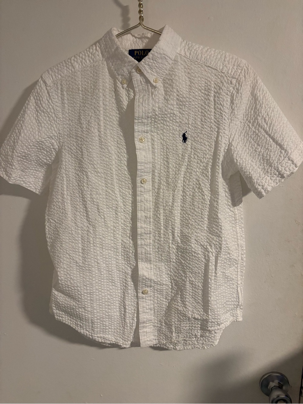 Polo Ralph Lauren Boys L 14-16 White Seersucker Short Sleeve Button Down